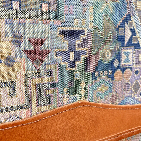 Italian Tapestry Purse 1980s Multicolor & Tan Leather Shoulder Bag Unique Retro - Picture 4 of 11
